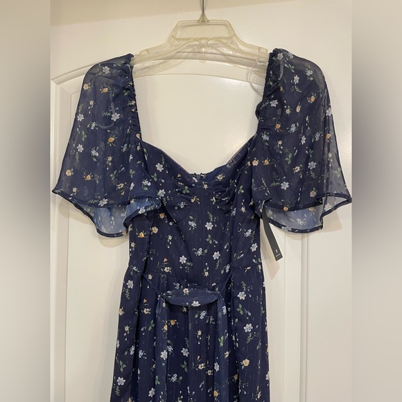 Lulu’s Sweet Blooms Navy Blue Floral Print Swiss Dot Wide Leg Jumpsuit - Picture 3 of 7